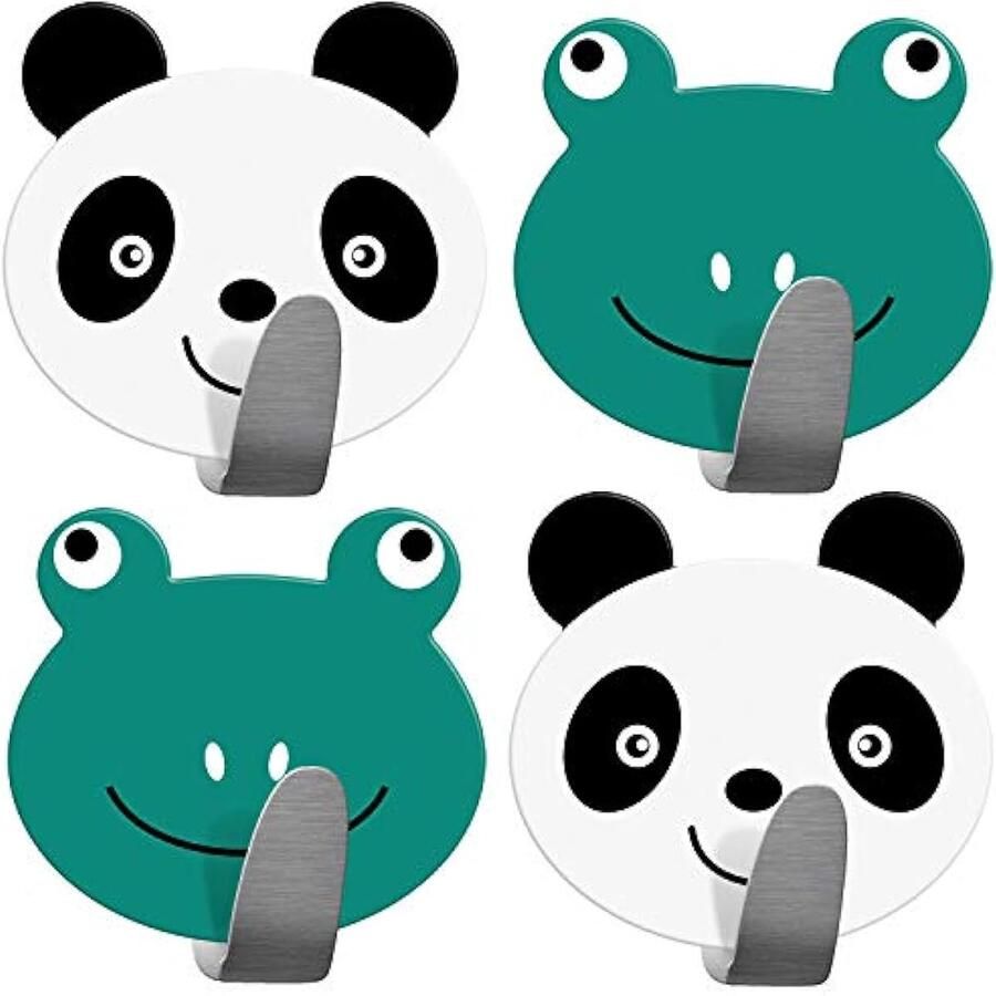 Team 4 Pack Zelfklevend Kinder Haken voor Handdoeken Badjassen Jassen Roestvrij staal Designs 2 Pandas en 2 Kikkers per set Makkelijke installatie duurzaam en fun