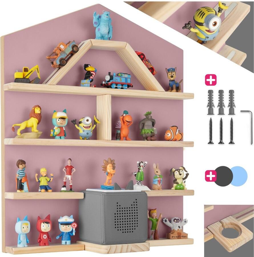 Tectake houten wandrek plank met magneetstrips voor wandmontage wandplank voor kinderkamers opberger geschikt voor Tonies en Toniebox (roze) - Foto 2