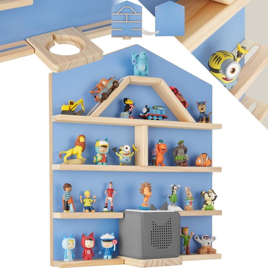 Tectake houten wandrek plank met magneetstrips voor wandmontage wandplank voor kinderkamers opberger geschikt voor Tonies en Toniebox (blauw)