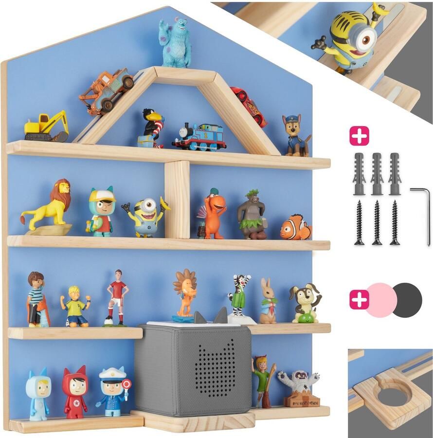 Tectake houten wandrek plank met magneetstrips voor wandmontage wandplank voor kinderkamers opberger geschikt voor Tonies en Toniebox (blauw) - Foto 2