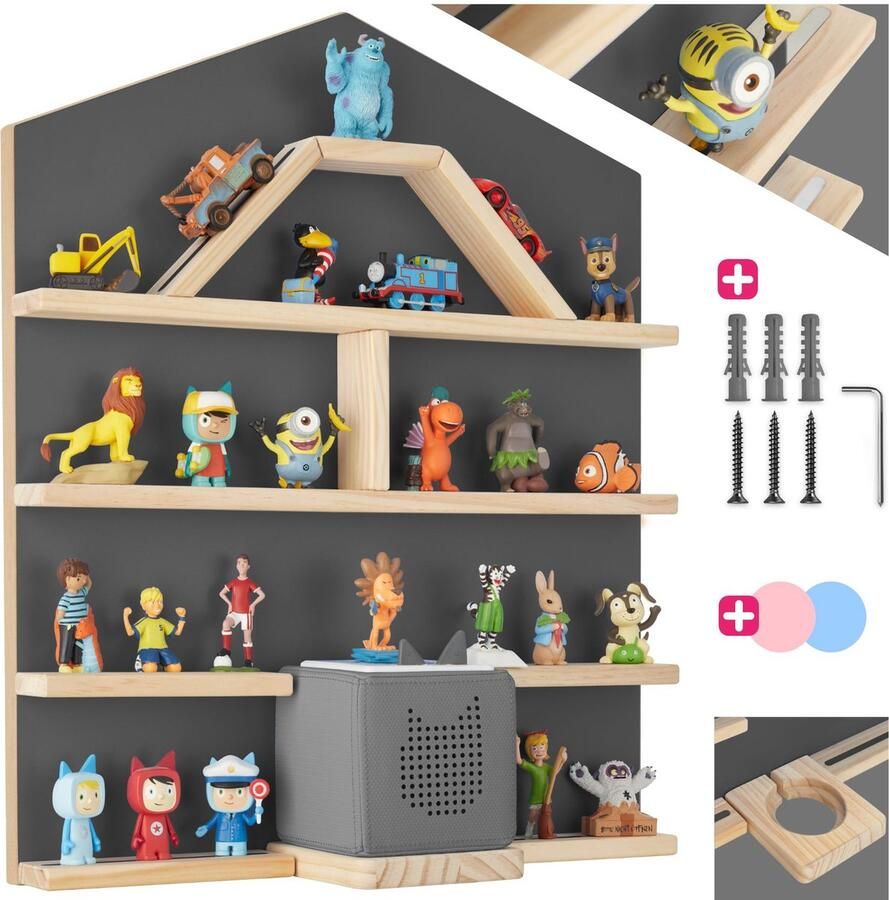 Tectake houten wandrek plank met magneetstrips voor wandmontage wandplank voor kinderkamers opberger compatibel met Tonies en Toniebox (antraciet) - Foto 2