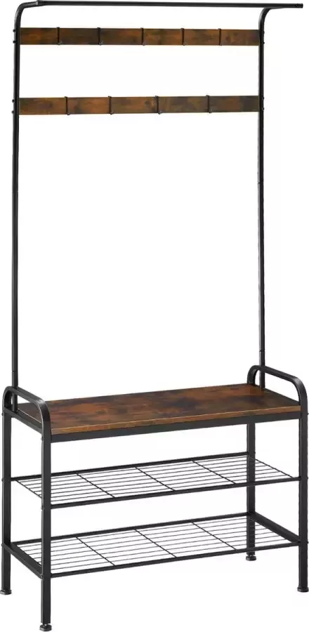 Tectake Kapstok met houten zitting Kapstok met 9 haken Inclusief schoenenrek met 2 roosterplanken Industrieel design Zwart metalen frame Afmeting (LxBxH) 85 5 x 36 x 184 cm Donkerbruin