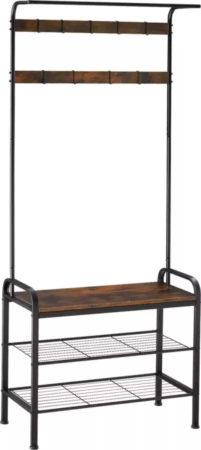 Tectake Kapstok met houten zitting kapstok met 8 haken 73 5 x 36 x 184 cm industrieel design schoenenrek met 2 roosterplanken zwart metalen frame (industrieel donkerbruin) - Foto 1