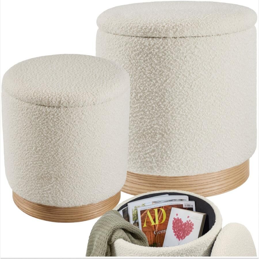 Tectake Set van 2 Krukken met Opbergruimte Bouclé Teddy Stof Poef Scandi Gestoffeerde Kruk Rond Krukje Krukjes voor make-uptafel slaapkamer woonkamer 2 maten (38 en 32cm)