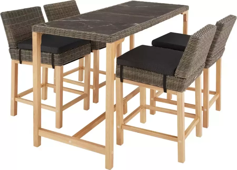 Tectake wicker bartafel met barkrukken buitenbalkonmeubilair tuinmeubelset met bartafel en 4x barstoelen met rugleuning balie in marmerlook voor tuin terras balkon natuur poly-rattan - Foto 2