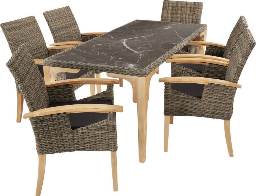 Tectake Wicker meubelset 6 stoelen en 1 tafel Moderne en weerbestendige stoelen (Draagkracht 150 kg) met eettafel in marmerlook ((LxBxH) 196 x 87 x 76 cm) Eetkamer lounge Tuinmeubelen voor balkon terras en buitenkeuken Lichtbruin - Foto 3