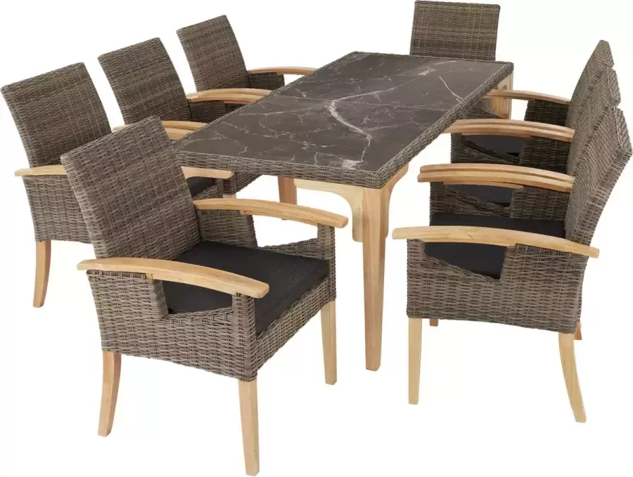 Tectake Wicker meubelset 8 stoelen en 1 tafel Moderne en weerbestendige stoelen (Draagkracht 150 kg) met eettafel in marmerlook ((LxBxH) 196 x 87 x 76 cm) Eetkamer lounge Tuinmeubelen voor balkon terras en buitenkeuken Licht bruin - Foto 2