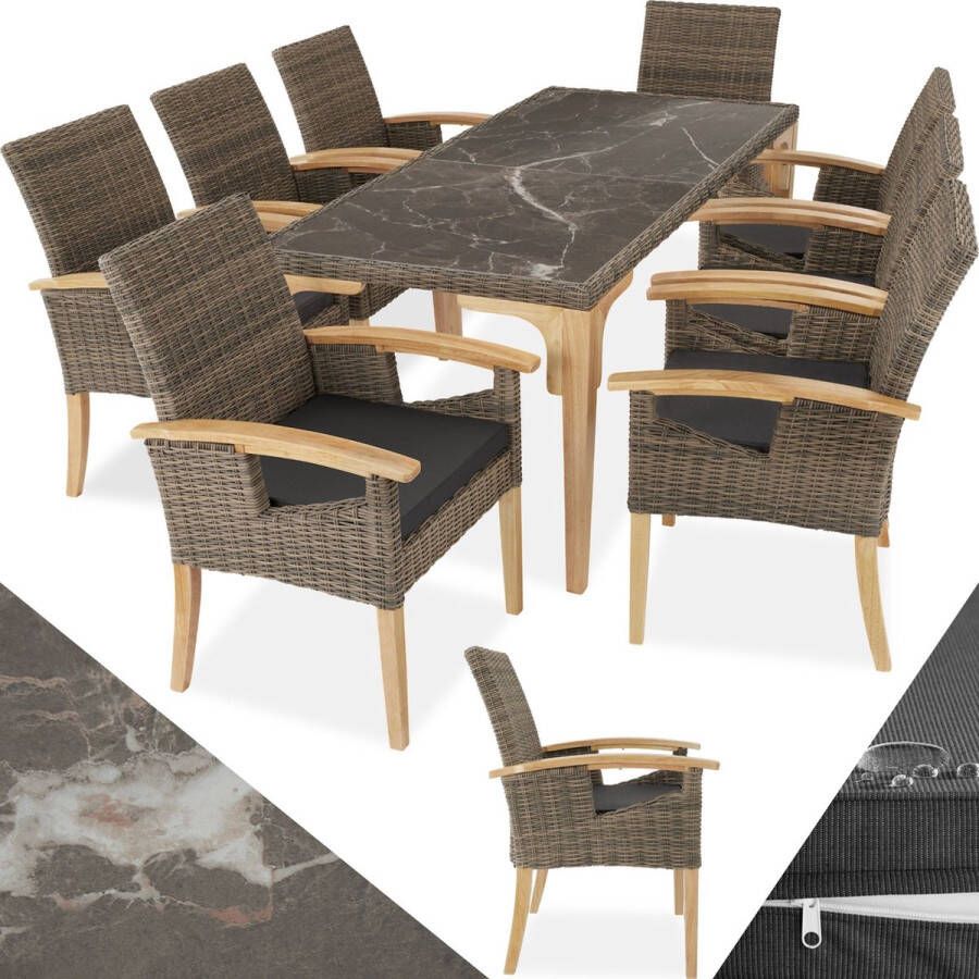 Tectake Wicker meubelset 8 stoelen en 1 tafel Moderne en weerbestendige stoelen (Draagkracht 150 kg) met eettafel in marmerlook ((LxBxH) 196 x 87 x 76 cm) Eetkamer lounge Tuinmeubelen voor balkon terras en buitenkeuken Licht bruin