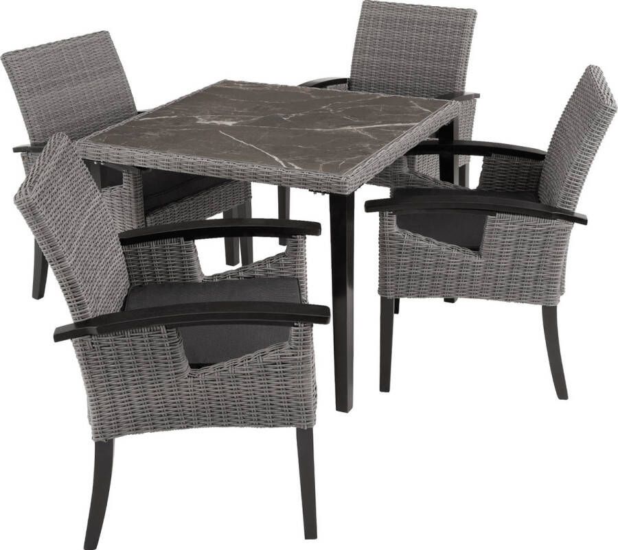 tectake Wicker tafel Tarent met 4 stoelen Rosarno grijs