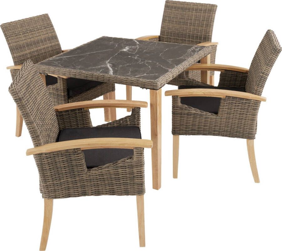 tectake Wicker tafel Tarent met 4 stoelen Rosarno natuur