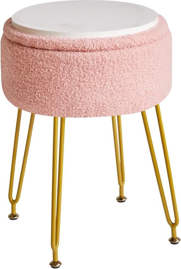 Teddy Velvet Opslag Voetsteun Kruk Ottomaanse Make-up Vanity Kruk Bijzettafel met Afneembare Cover Gouden Stalen Poten Salontafel Top Cover Roze WBD010P