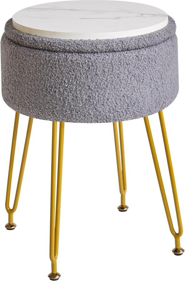 Teddy Velvet Opslag Voetsteun Kruk Ottomaanse Make-up Vanity Kruk Bijzettafel met Afneembare Cover Gouden Stalen Poten Salontafel Top Cover Grijs WBD010G