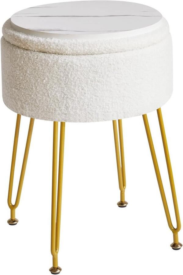 Teddy Velvet Voetsteun Kruk met Opbergvak en Afneembare Cover Gouden Stalen Poten Wit