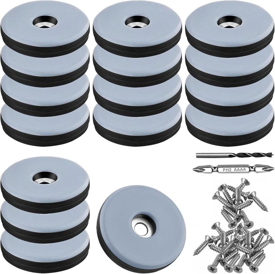 Teflon glijders om te schroeven 16 stuks vloerglijders Ø 38 mm rond zwart meubelglijders met 16 roestvrijstalen schroeven en 2 boren meubelglijderset effectieve bescherming van je vloer
