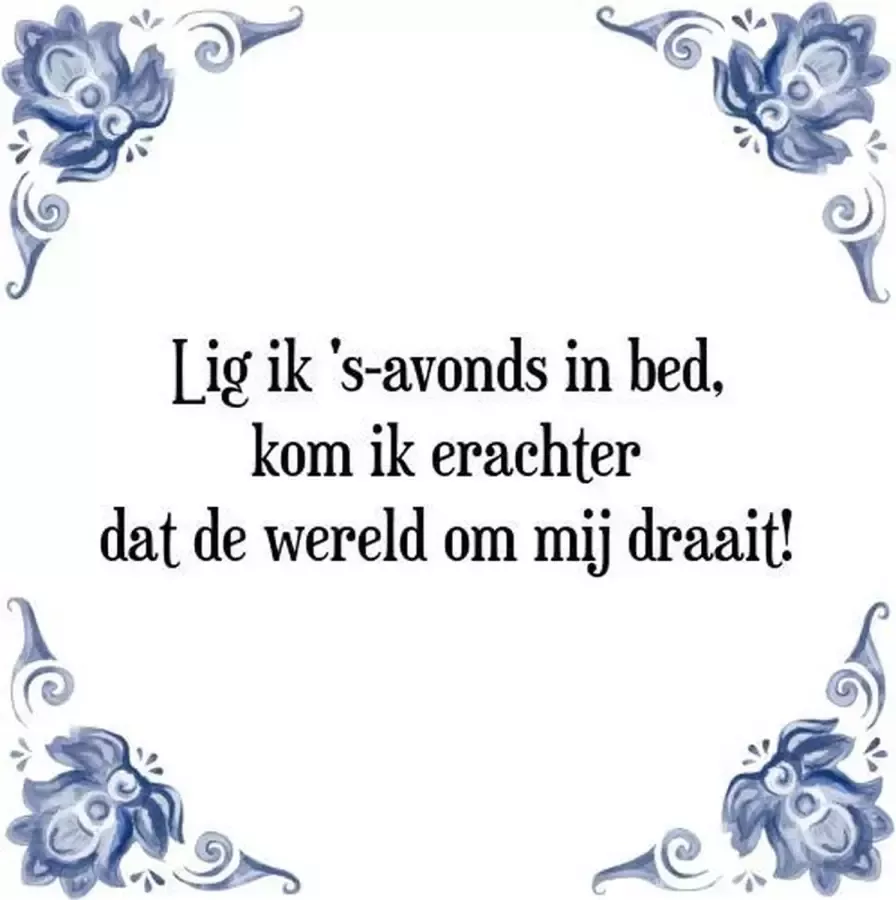 Tegeltje met Spreuk (Tegeltjeswijsheid): Lig ik 's-avonds in bed kom ik erachter dat de wereld om mij draait! + Kado verpakking & Plakhanger