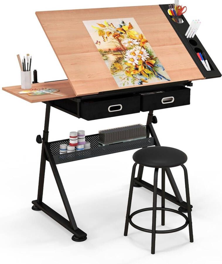Tekentafel met kruk in hoogte verstelbaar bureau met kantelbaar tafelblad studentenbureau met 2 laden werktafel voor architect en kunstenaars (natuur)