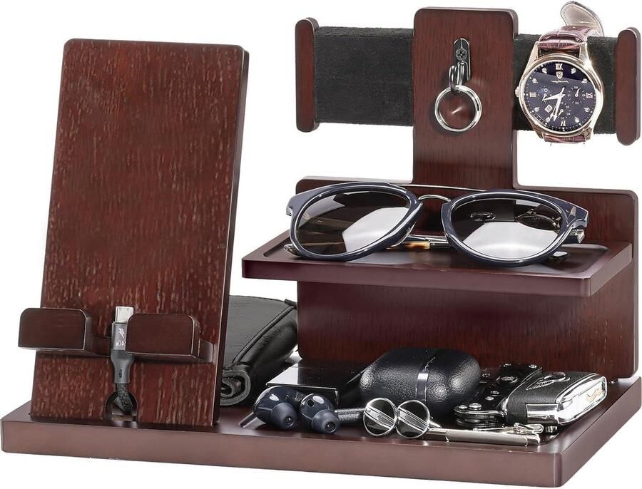 Telefoon docking station houten nachtkastje organisator Geschenken voor mannen: verjaardag vaderdag kerst Espresso