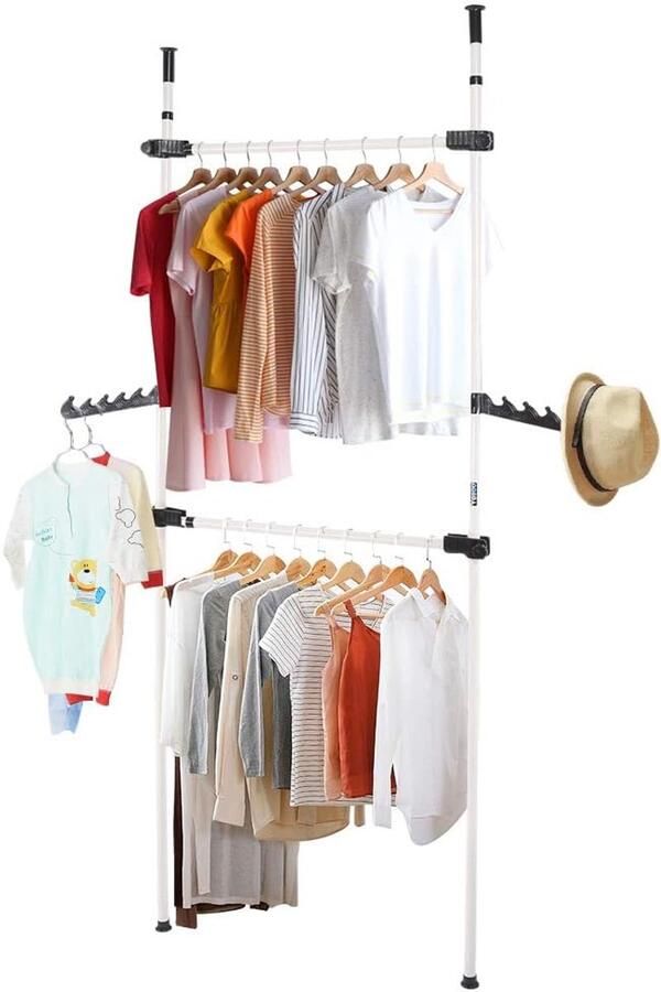 Telescopisch garderobesysteem zwaar uitgevoerd stalen kledingrek 2 haken 80-139 cm verstelbare lengte telescopische kleerkast 281-329 cm in hoogte verstelbaar 2 palen 2 spijlen