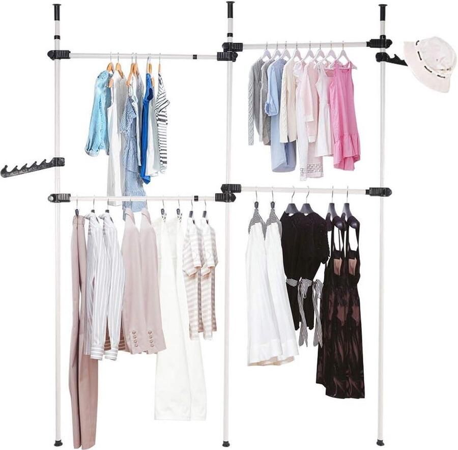 Telescopisch kledingrek voor garderobe verstelbaar kledingrek met 4 stangen stalen buizen wit B (1535-272 cm) x H (281-329 cm)