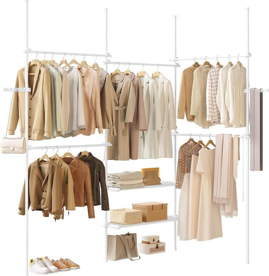 Telescopisch Kledingrek Vloer tot Plafond met 5 Stangen en 2 Planken Ruimtebesparende Open Garderobe in Wit