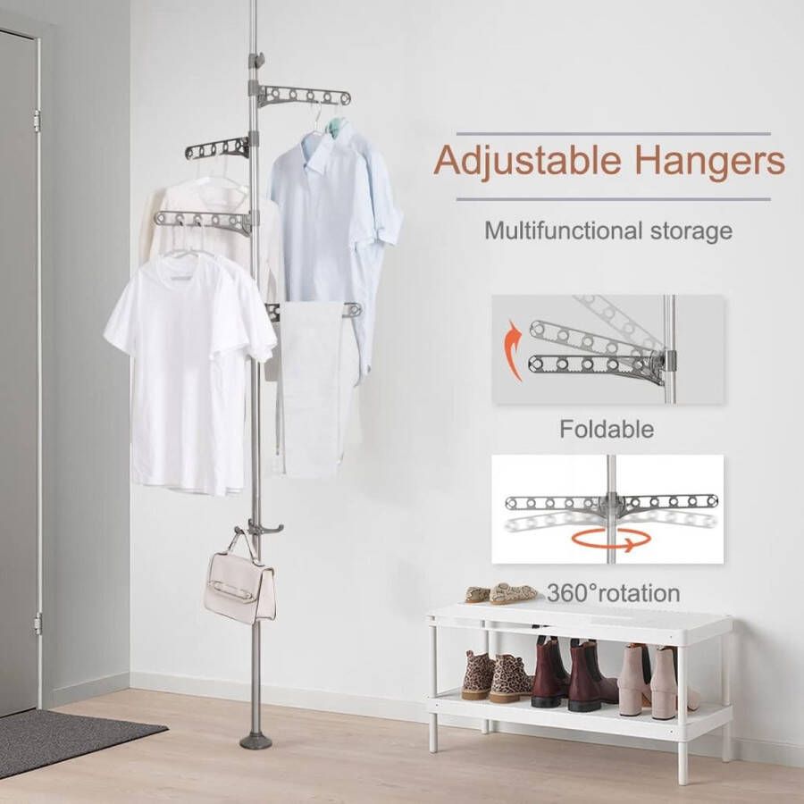 Telescopisch kledingrek zonder boren in hoogte verstelbaar telescopisch kledingrek kleerhanger van metaal met 2 armen en haken voor hal slaapkamer kantoor balkon hoek grijs