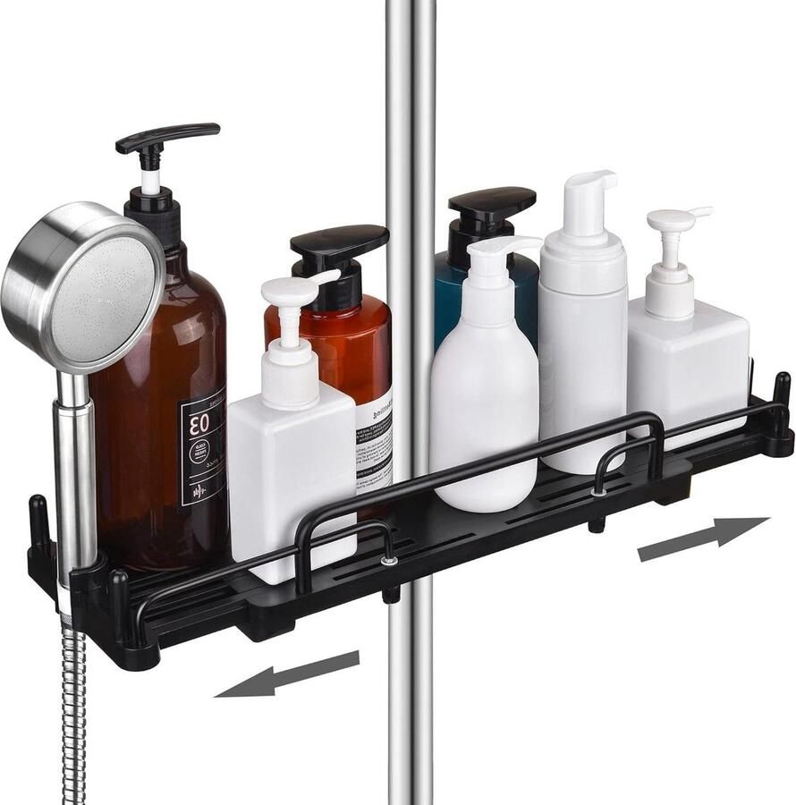 Telescopische doucheplank 32-48 cm op te hangen badkamerorganizer doucherek voor douchestang 18-25 mm zwart opbergrek