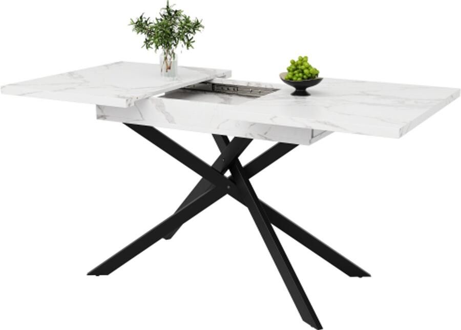 GOTAGEE Telescopische eettafel (120-160 cm) uitschuifbare eettafel ruimtebesparende keukentafel zwarte gekruiste ijzeren poten voor keuken en woonkamer eettafel van wit marmer