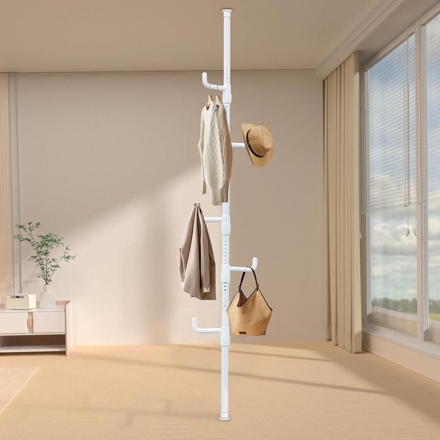 Telescopische kledingrek met 5 haken kapstok uittrekbaar 110-310 cm kledingstang plafond zonder boren voor hal slaapkamer woonkamer kantoor kleding hoeden tassen wit