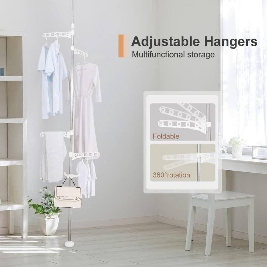 Telescopische Kledingrek Opvouwbaar van Metalen Kledingstang Uittrekbaar in Hoogte Verstelbare Kapstok met 4 Armen en 1 Haak voor Entree Gang Slaapkamer Kantoor Ivoor