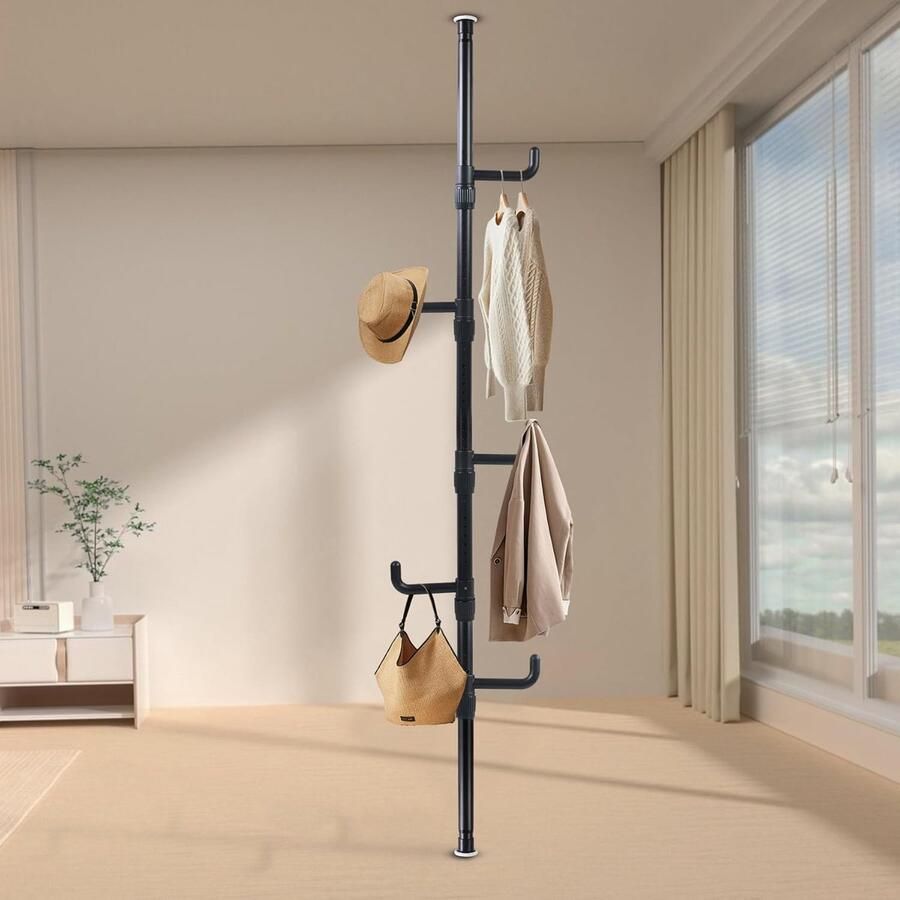 Telescopische kledingstandaard met 5 haken zwart kapstok uittrekbaar 110-310 cm kledingstang plafond zonder boren voor hal slaapkamer woonkamer kantoor kleding hoeden tassen multifunctioneel ruimtebesparend