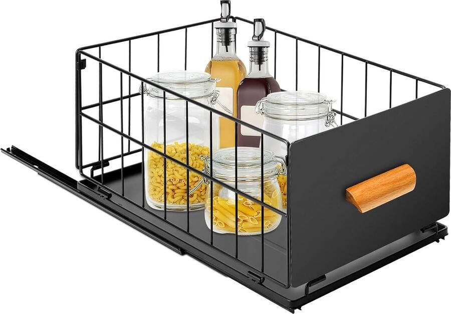 Luvetrex Telescopische lade 40 x 24 x 18 cm lade opbergplanken uittrekbaar kruidenrek geen boren wastafel rek voor keukenkasten woonkamer (zwart)