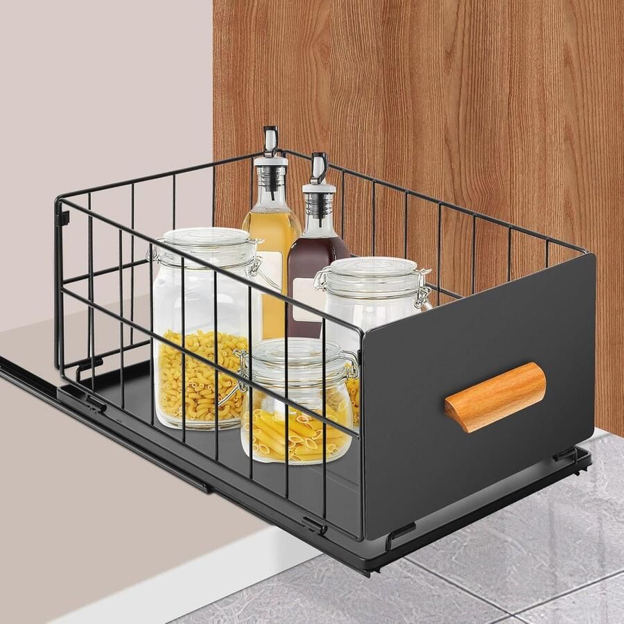 Telescopische Lade Organizer Uittrekbaar Kruidenrek zonder Boren voor Keukenkasten en Woonkamer (40 x 24 x 18 cm Zwart)