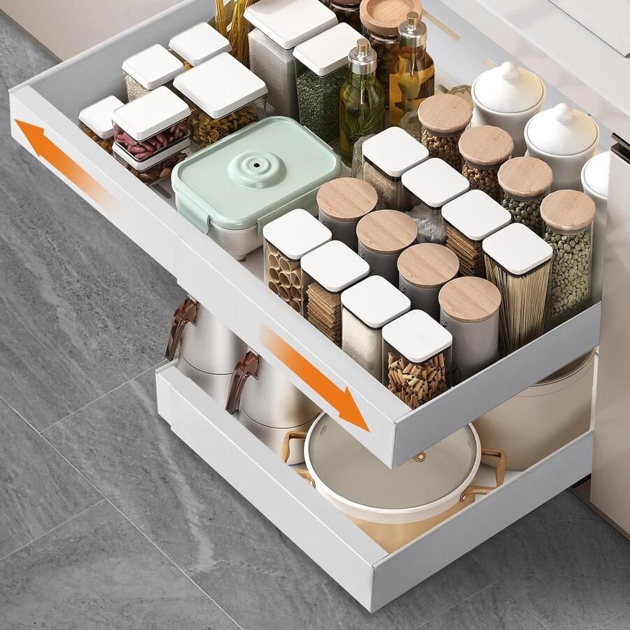 Telescopische lade-uitrekbare keukenkastorganizer voor keukenkasten geen boren of spijkeren nodig