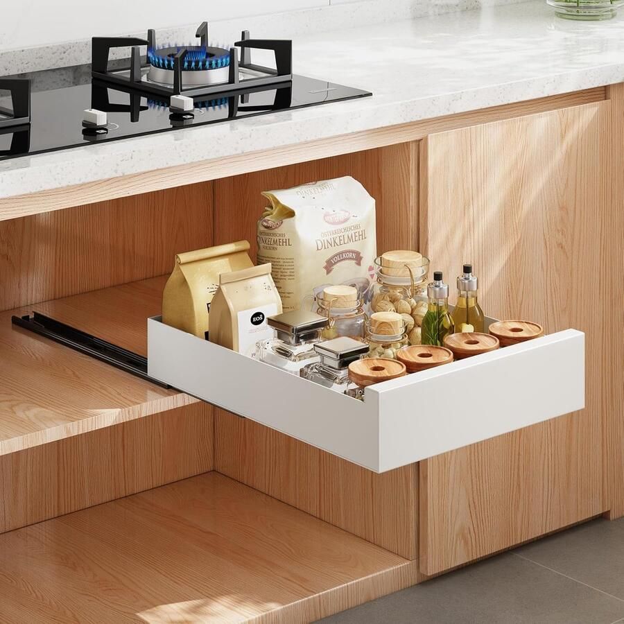 Telescopische lade uitschuifbare kastorganizer metalen uitschuifbare lade-opbergplanken voor keukenkastjes geen boren en spijkers vereist 35 cm B x 53 cm D x 8 cm H wit