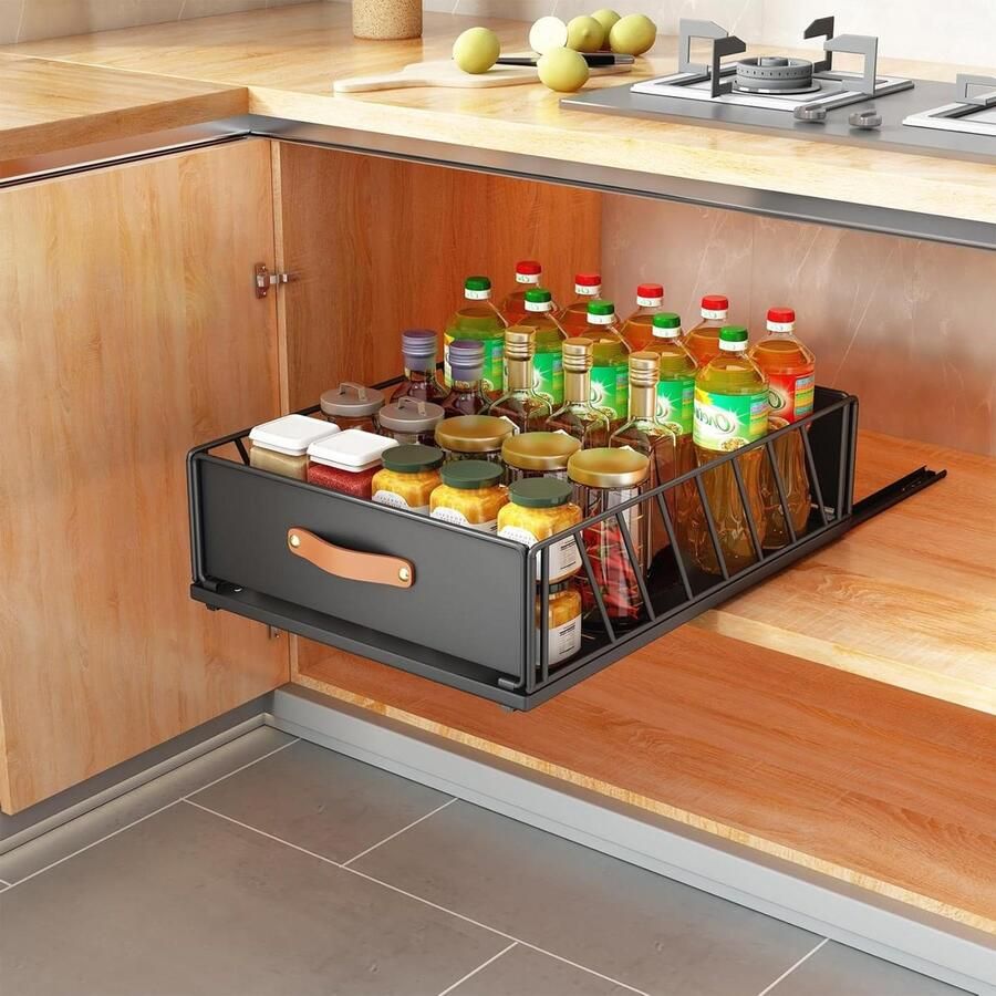 Telescopische lade uittrekbaar metaal keuken opbergrek 40 x 155 x 30 cm zwart
