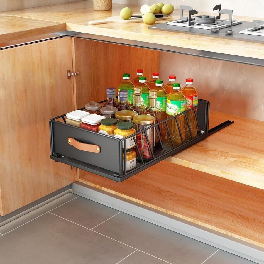 Telescopic Drawer Pull-out Organizer with Handle Metal Extendable Kitchen Storage Rack Adhesive Tape Basket Drawer for Cupboard 40 x 15.5 x 25 cm