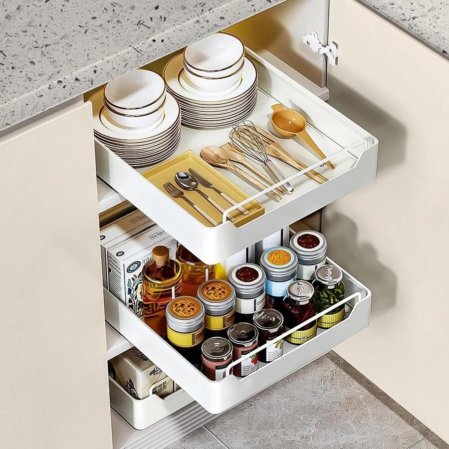 Telescopische lade uittrekbaar voor keukenkastorganizer Opbergplanken voor keukenkasten woonkamer thuis (25 cm b x 43 cm d x 7 cm h) Geen boren Wit