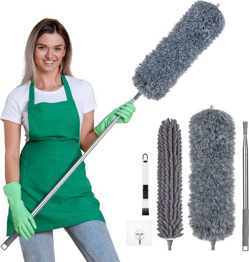 Telescopische Plumeau 2 Sets Microvezel Stofdoeken Met Mini-vensterreinigingsborstel Roestvrijstalen Telescopische Stang en Zelfklevende Haak Buigbare Hoekbezem 252cm Lengte grijs - Foto 2