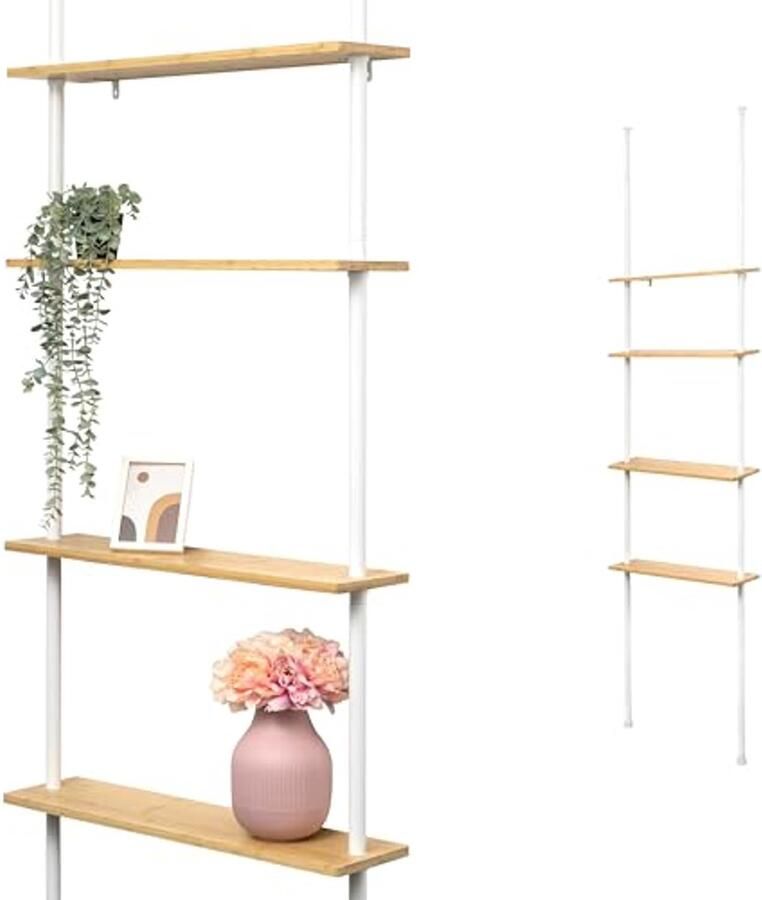 Telescopische wandplank met 4 bamboe planken Ruimtebesparend en Verstelbaar