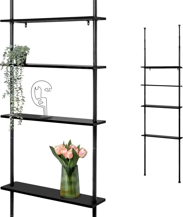 Telescopische wandplank met 4 legplanken van bamboe veelzijdig inzetbaar in de woonkamer hal badkamer kantoor of keuken variabele inbouwhoogte van 140 tot 290 cm (compleet zwart)