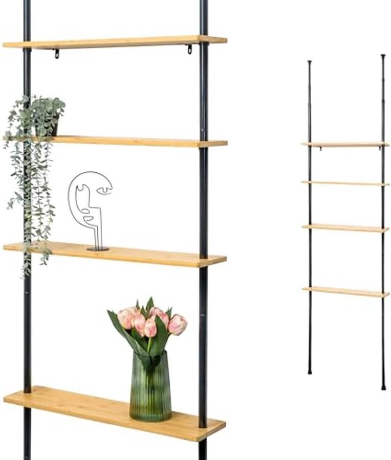 Telescopische wandplank met 4 planken van bamboe – Ruimtebesparend en veelzijdig