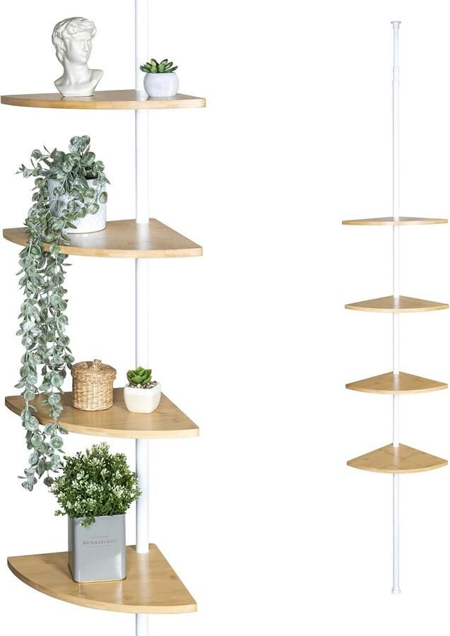 Telescopische wandplank met 4 planken van bamboe veelzijdig inzetbaar in de woonkamer hal badkamer kantoor of keuken ? Variabele inbouwhoogte van 140 tot 290 cm