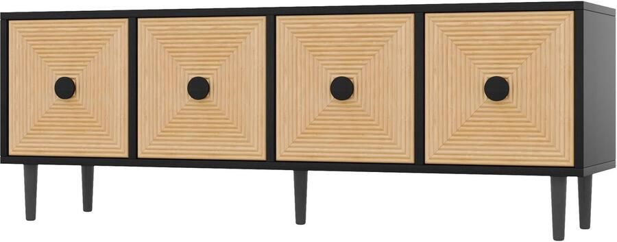 Televisiekast opbergkast zijkast geschikt voor televisies van 50-59 inch met 4 deuren met speciale texturen en zwarte ronde handgrepen 150x39 5x55 cm houtkleur