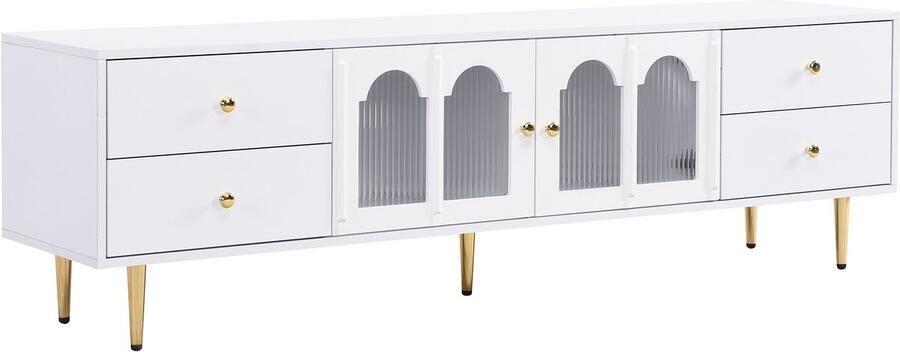Televisiekast opbergkast zijkast geschikt voor televisies van 70-79 inch met 4 laden en 2 houten deuren met gedeeltelijk gebogen verhard glas ontwerp met gouden handgrepen en poten 170x38x50cm