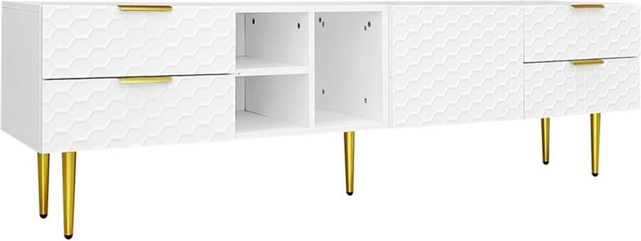 Televisiekast opbergkast zijkast geschikt voor tv's van 70-79 inch met 3 open compartimenten 4 laden en 1 deur panelen met speciale textuur gecombineerd met gouden handgrepen en gouden voetstukken 170x40 3x49 9 cm wit