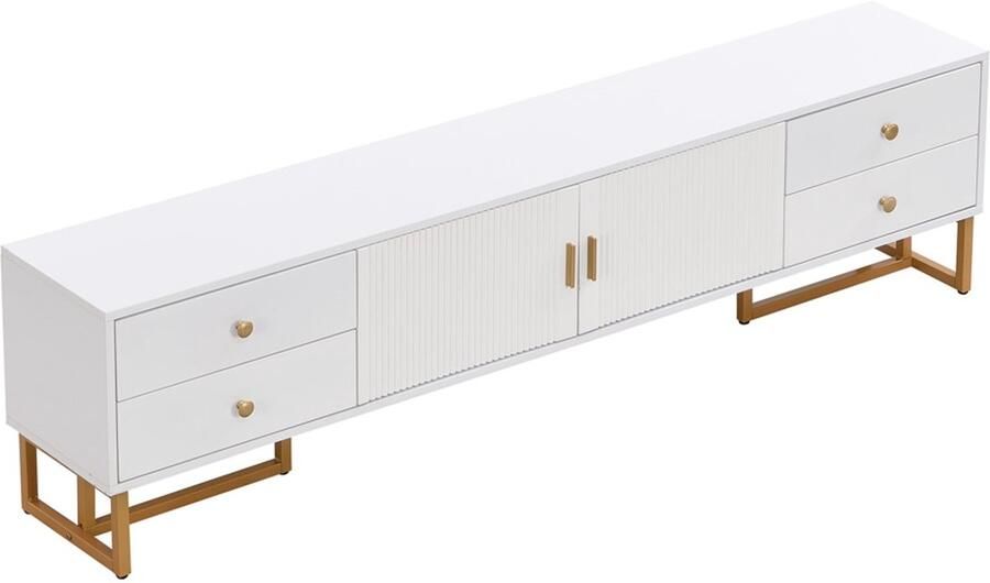 Televisiekast opbergkast zijkast geschikt voor tv's van 70-79 inch met 4 laden en 2 deuren met verticale strepen een trendy minimalistisch ontwerp gecombineerd met gouden handgrepen en gouden poten 175x30x46 cm wit