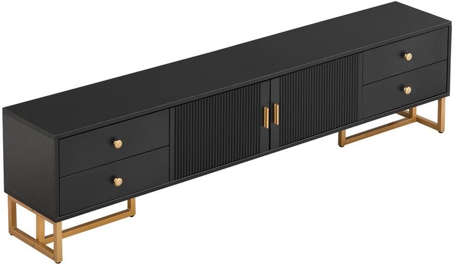 Televisiekast opbergkast zijkast geschikt voor tv's van 70-79 inch met 4 laden en 2 deuren met verticale strepen een trendy minimalistisch ontwerp gecombineerd met gouden handgrepen en gouden poten 175x30x46 cm zwart