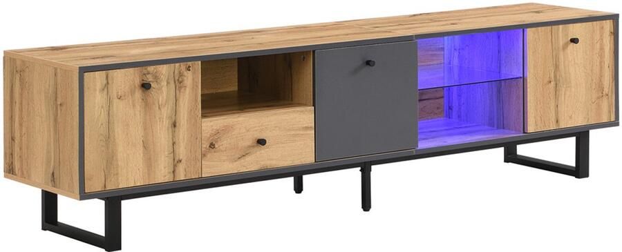 Televisiekast opbergkast zijkast geschikt voor tv's van 70-79 inch met kleurveranderende LED-verlichting 3 open afdelingen 1 laag en 3 deuren 190x40x50 cm een harmonisch kleurontwerp met houtkleur gecombineerd met zwart