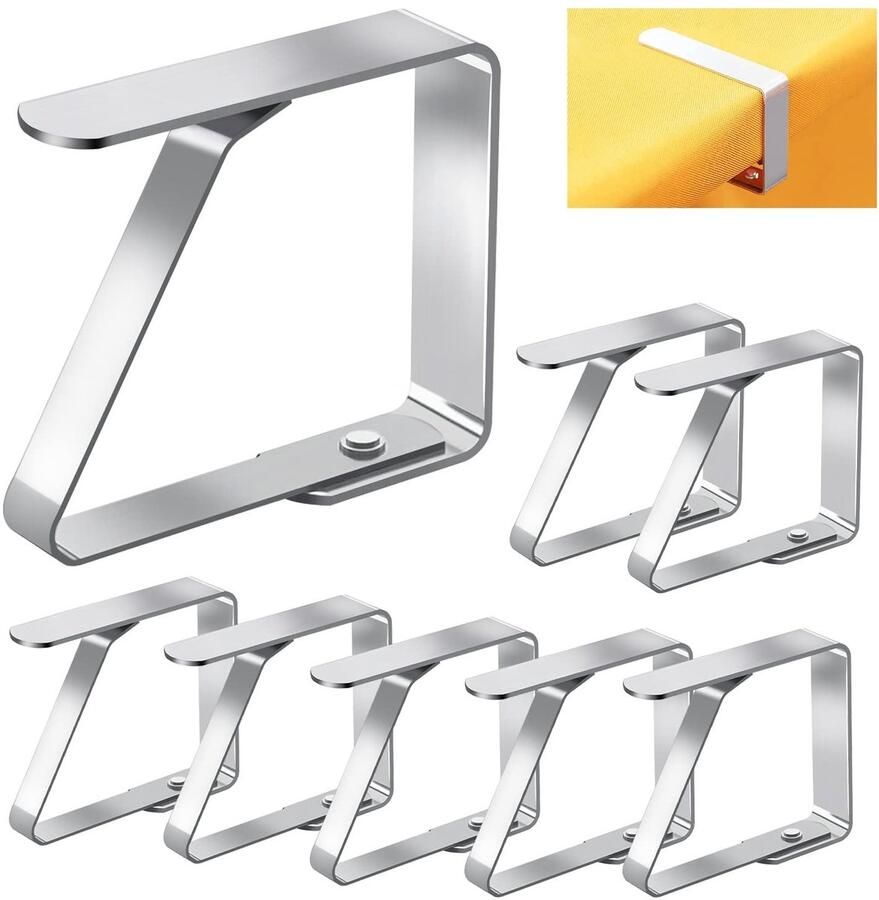 Telgoner tafelkleedklemmen groot 8 stuks roestvrijstalen tafelklemmen voor buitentuintafels verstelbare tafelkleedklemmen tafelkleedhouder voor dikke tafelbladen zilver 7 x 8 cm