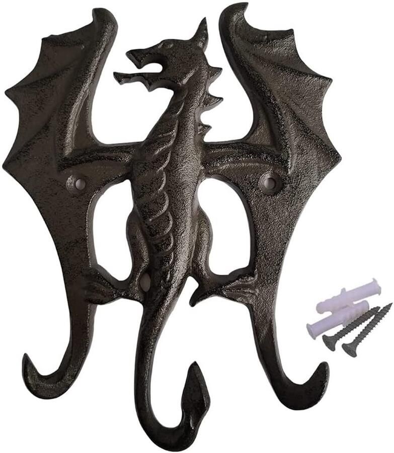 TentHome Decoratieve Rustieke IJzeren Haak Wandhaak Gietijzeren Draak Kapstokhaak Antieke Sleutelhaak Sleutelrek met 3 Haken voor Jassleutels Hoed (B)
